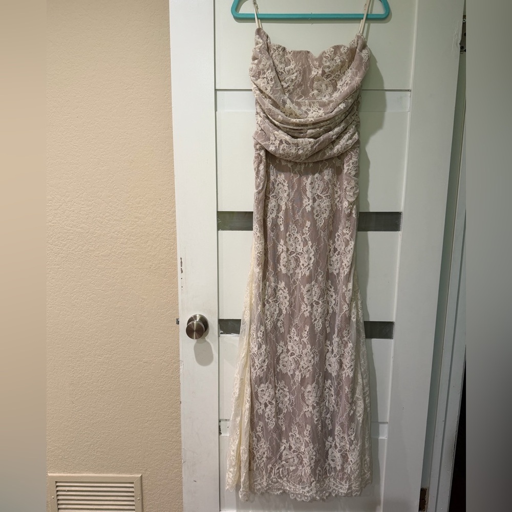 House of CB Nude and Ivory Lace Strapless Dress